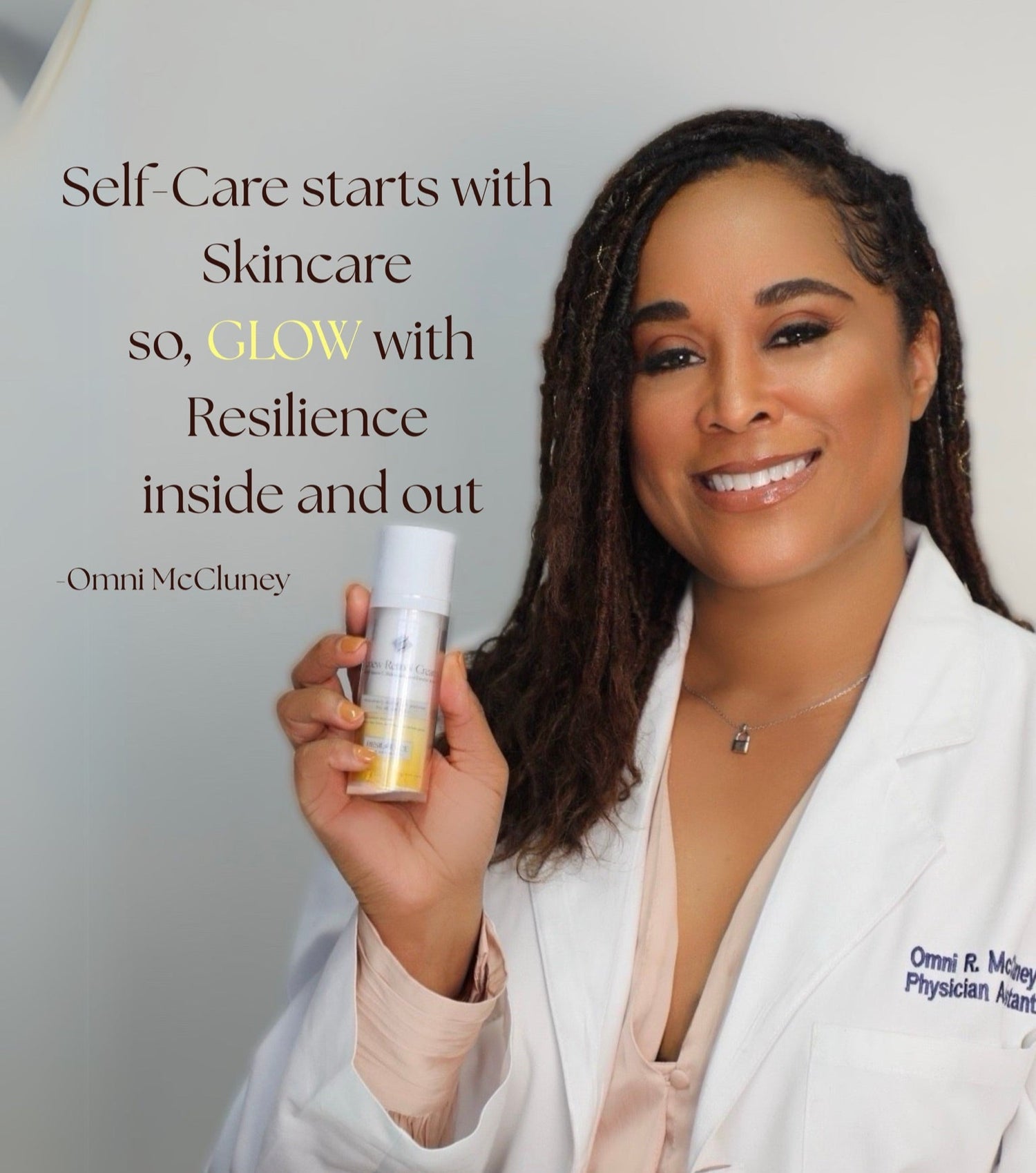 Omni McCluney in a white coat holding a skincare product with text about self-care and resilience.