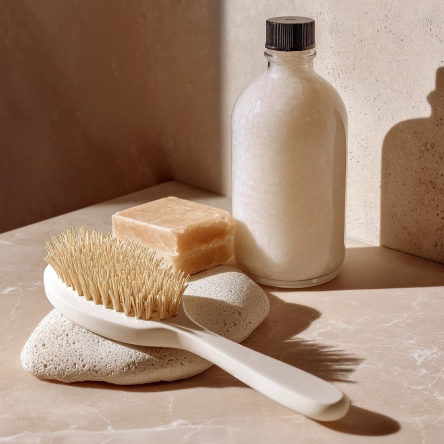 Bottle of shampoo, brush, soap, and loofah on a neutral background