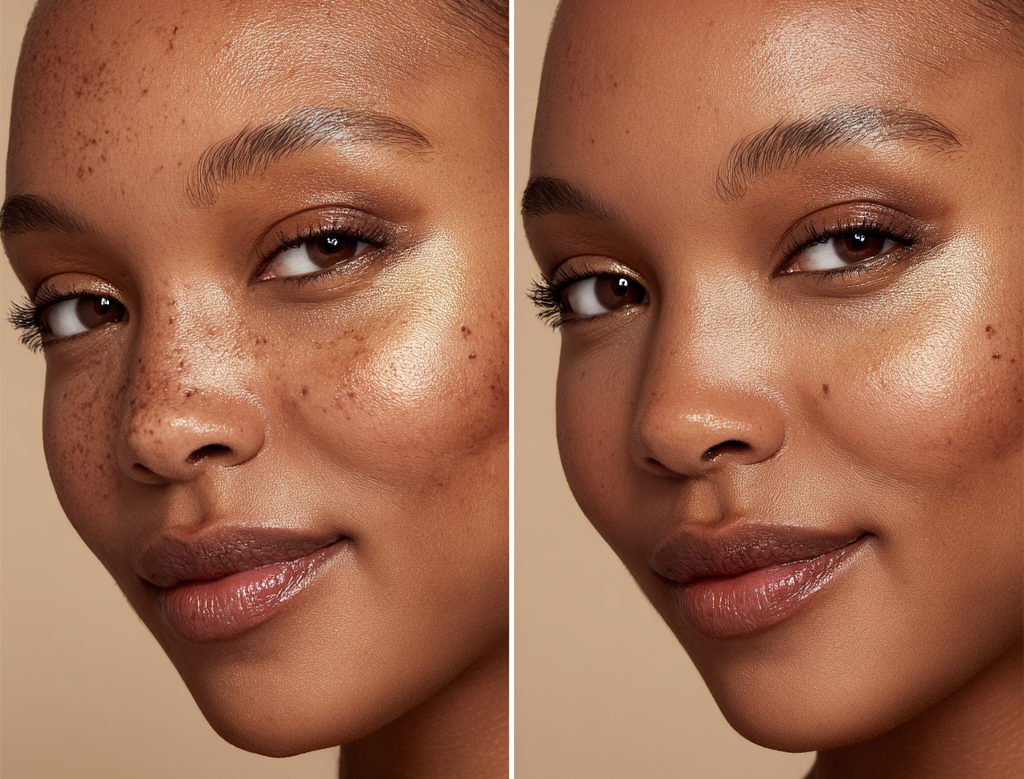 Before and after comparison of a woman's face with skin treatment effects.