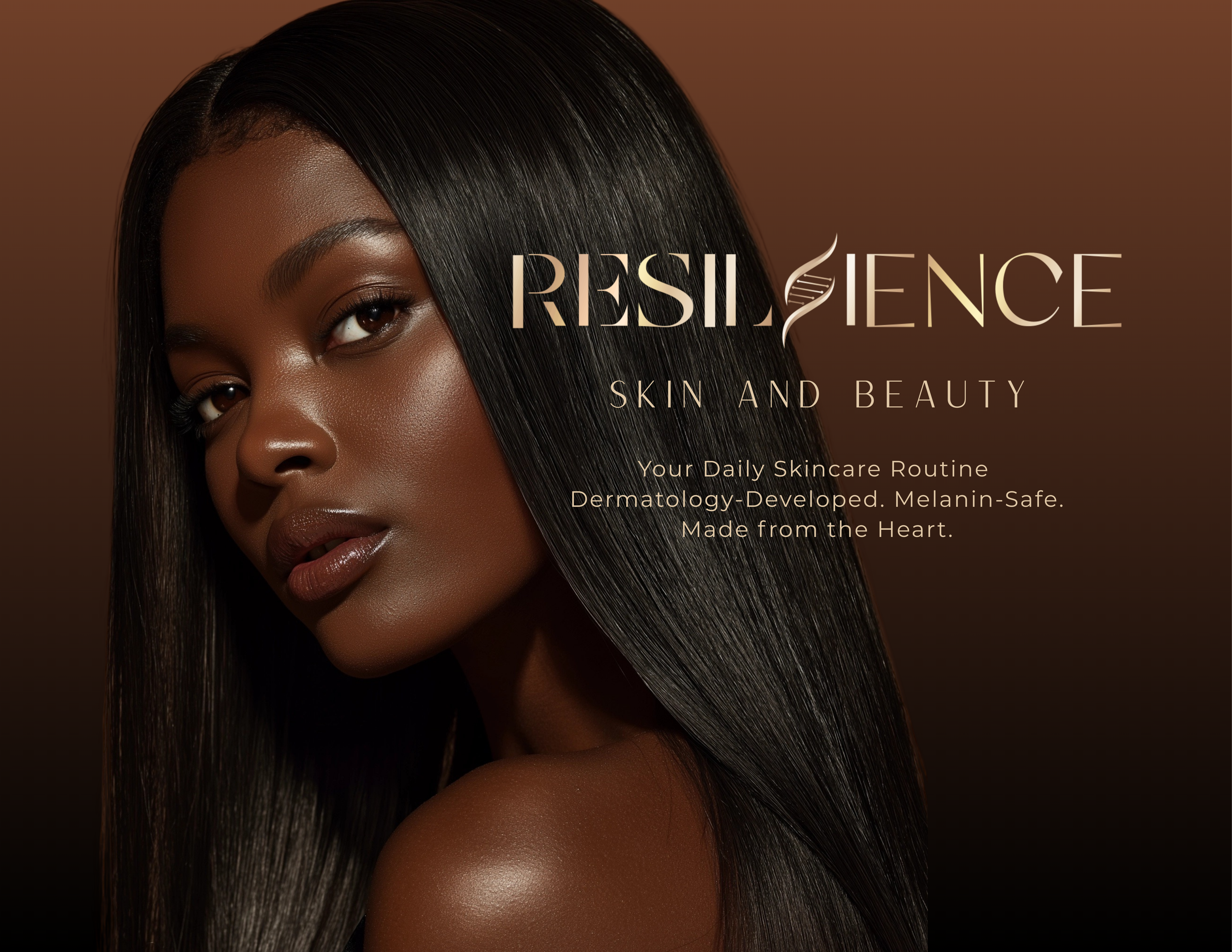 Advertisement for Resilience Skin and Beauty with a model against a brown background