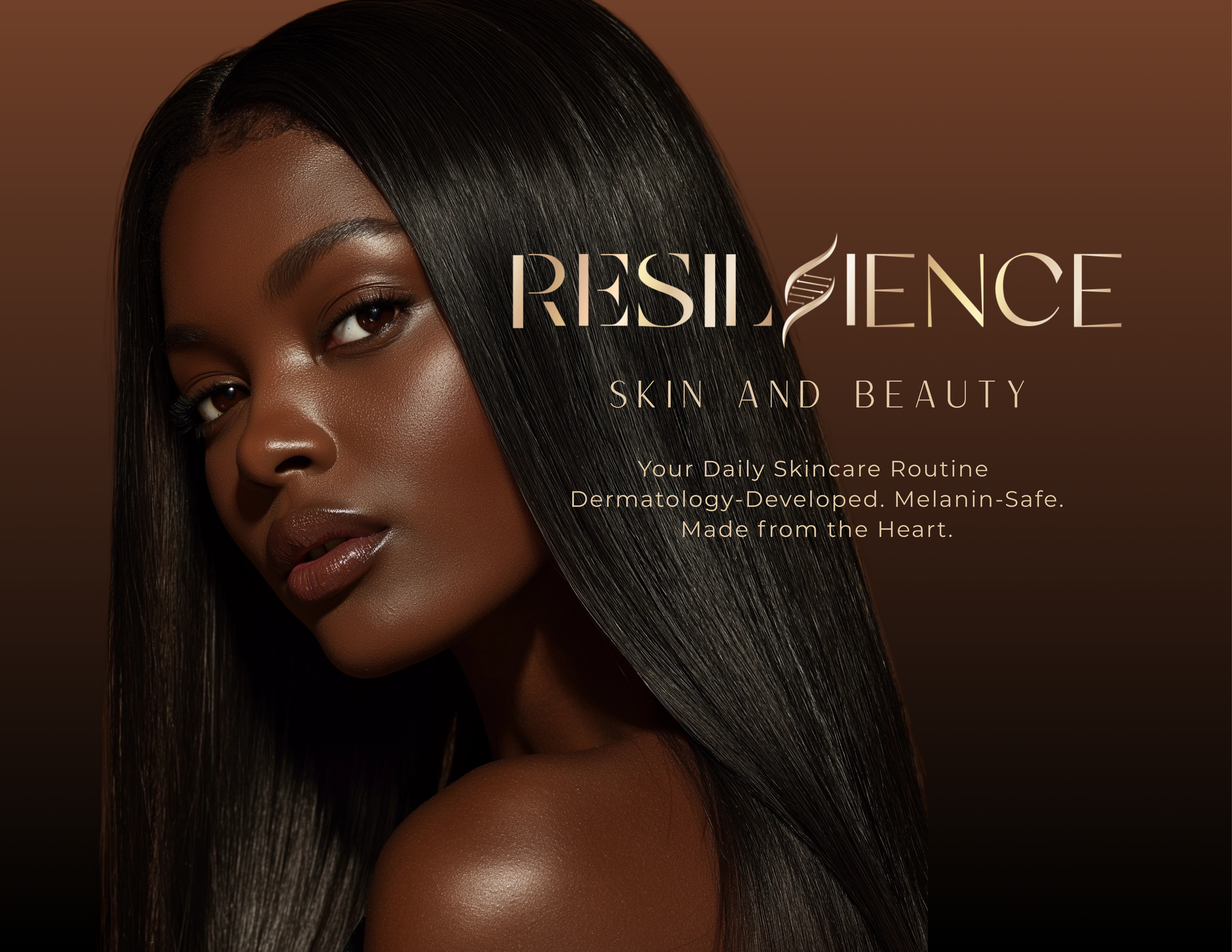 Advertisement for Resilience Skin and Beauty with a model against a brown background